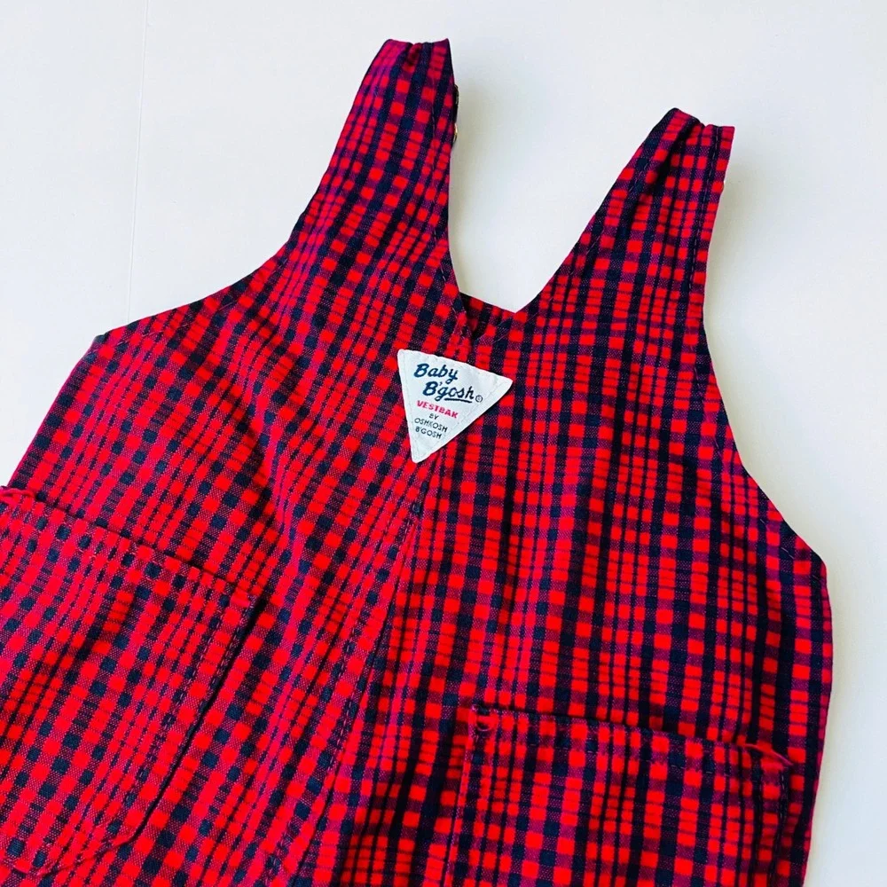 Vintage OshKosh B'gosh Denim Bib Overalls 6-9M Plaid Made in USA Cotton